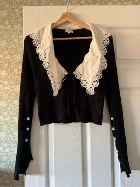 LPA Black Ribbed Sweater with White Floral Eyelet Collar